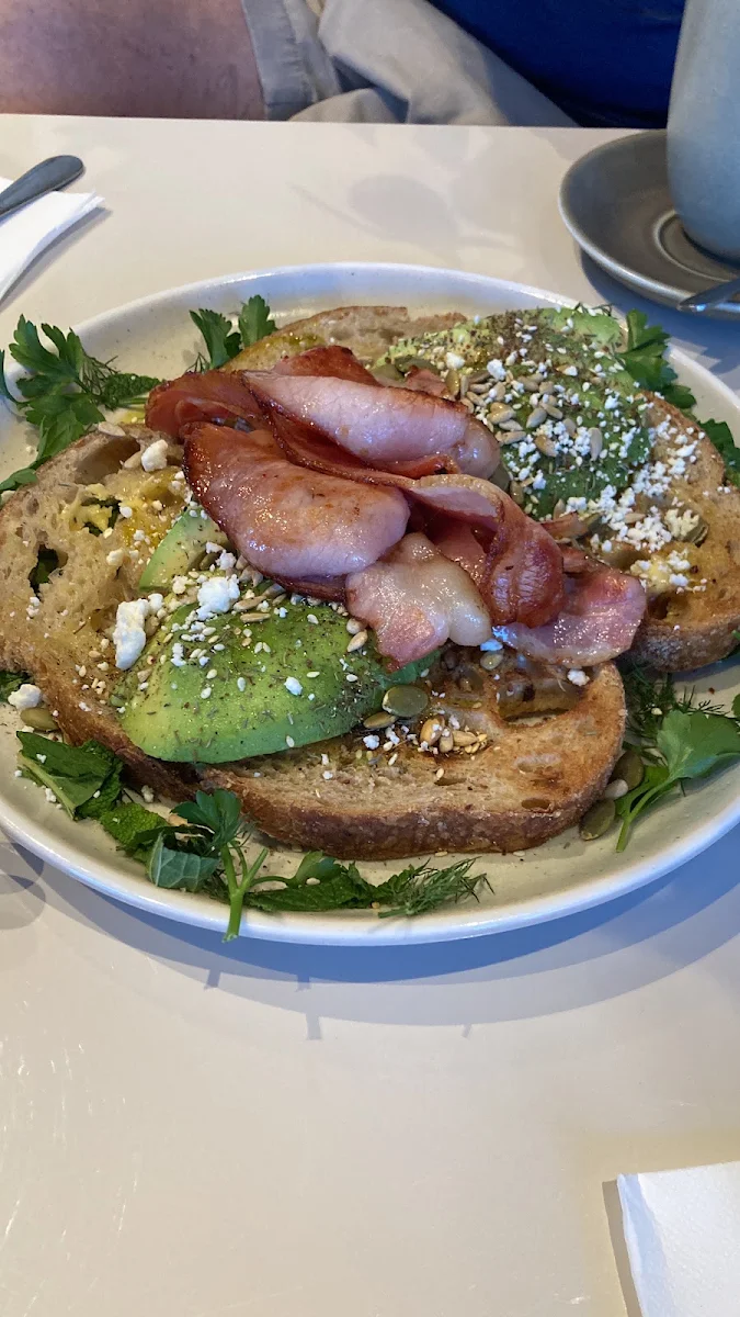 Avocado and Bacon on Sourdough Toast with a Crumbling of Fetta