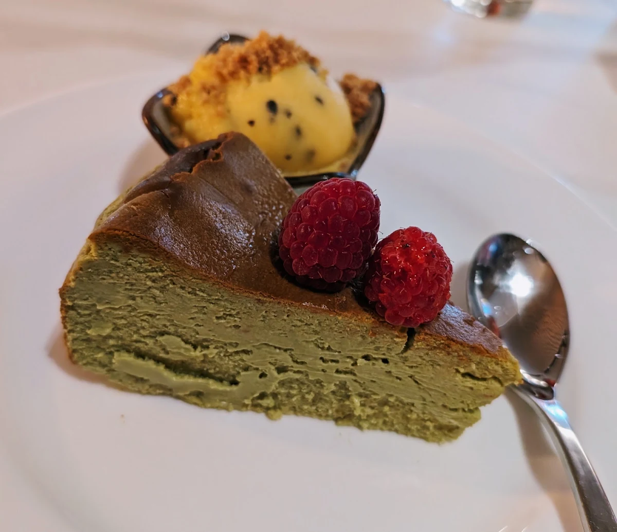 Matcha Cheesecake and Passionfruit Sorbet