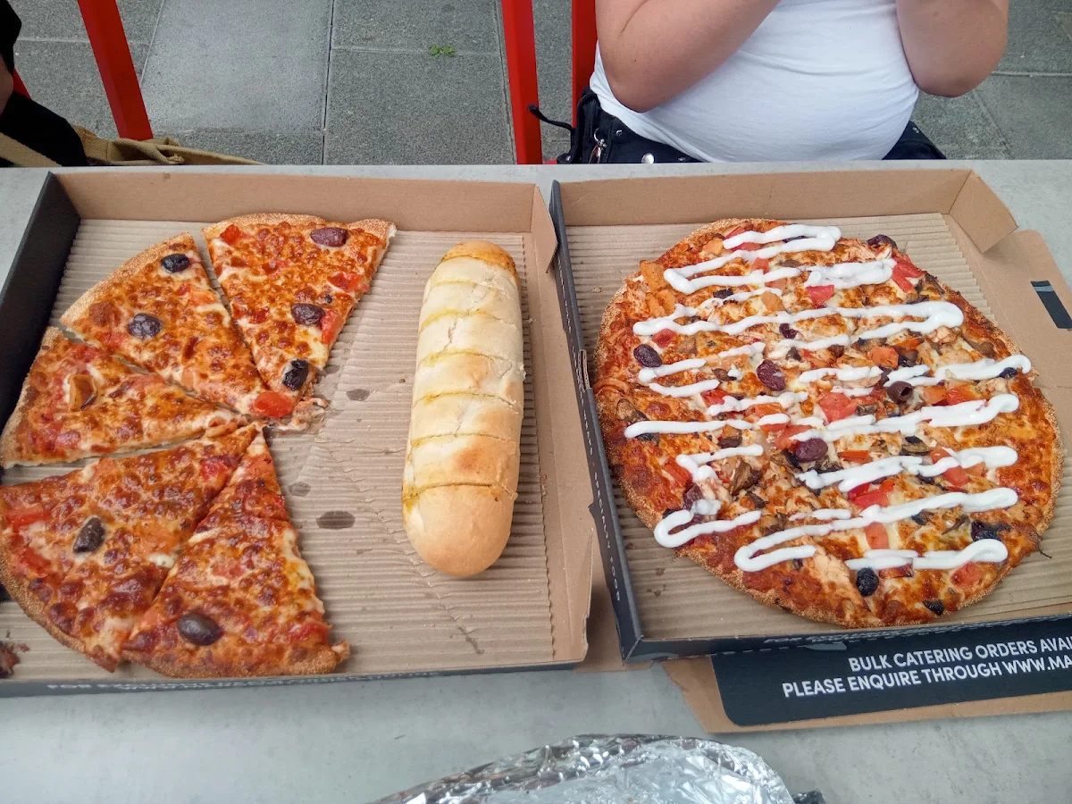 Margherita and Garlic Chicken Pizza with Garlic Bread