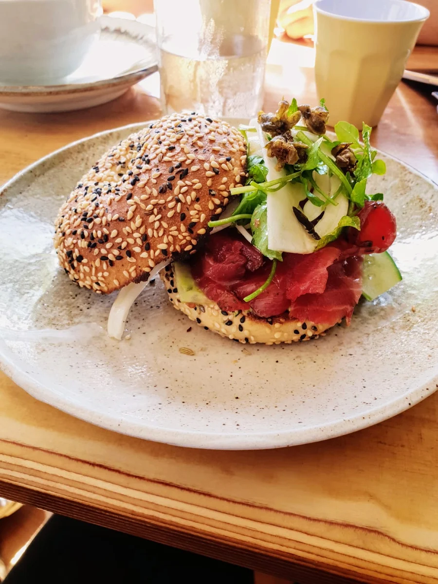 Salmon and Wasabi Cream Cheese Bagel