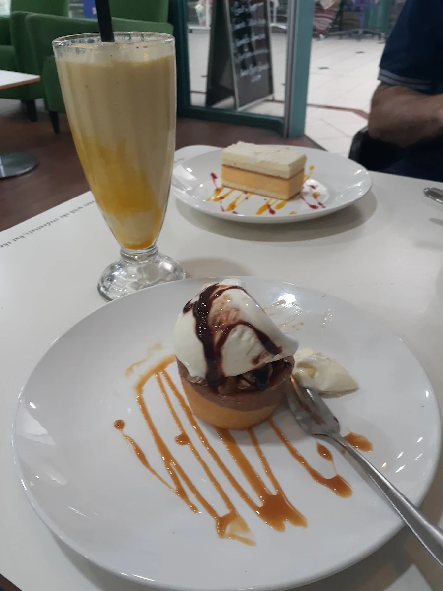 Vanilla Slice Gluten Free Pear and Walnut Cake and a Mango Lassi Drink