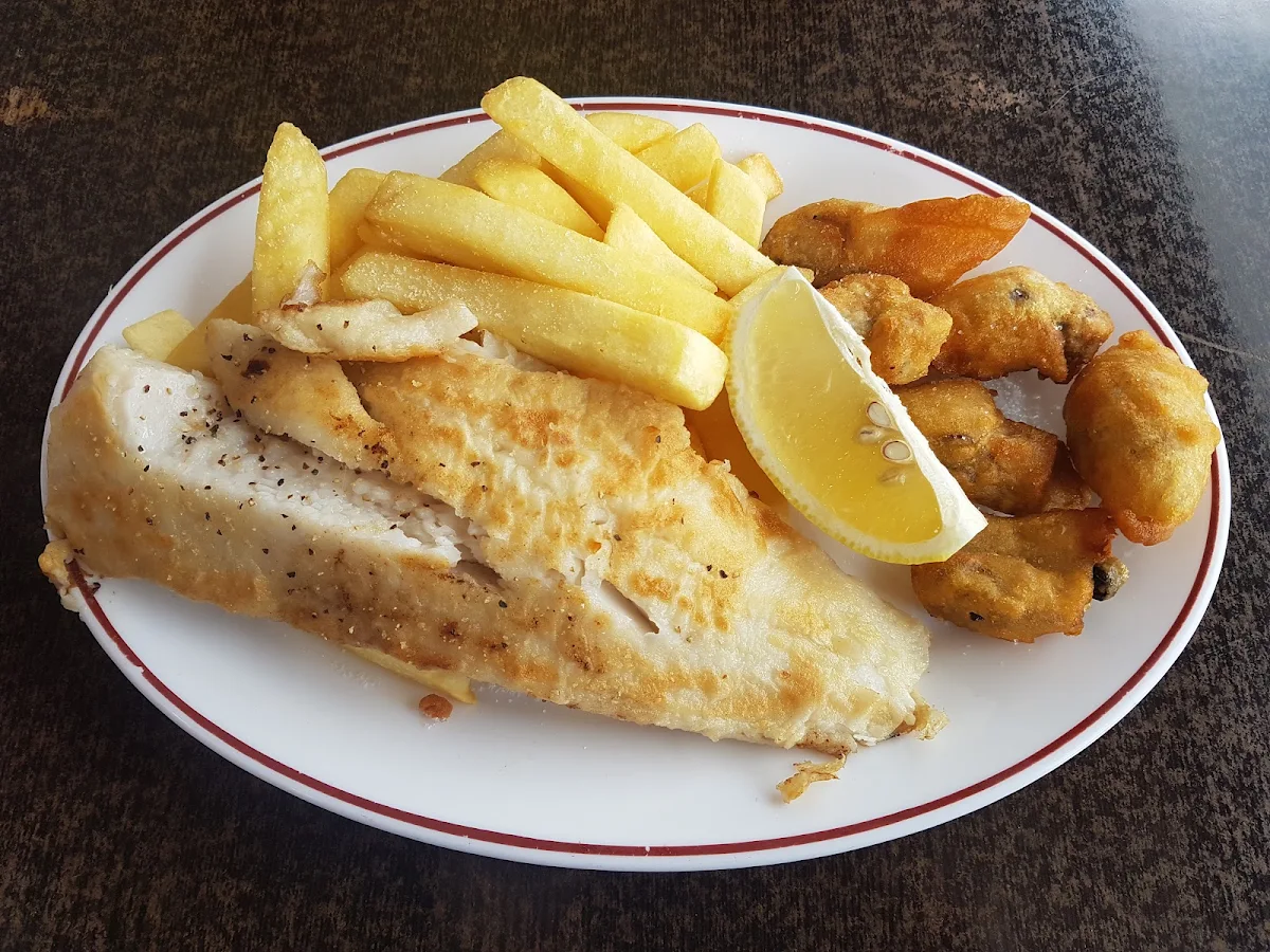 Grilled Fish and Chips with Half Dozen Battered Oysters