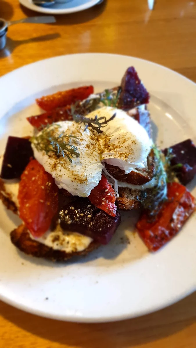 Beetroot and Feta Cream on Sourdough with Poached Eggs