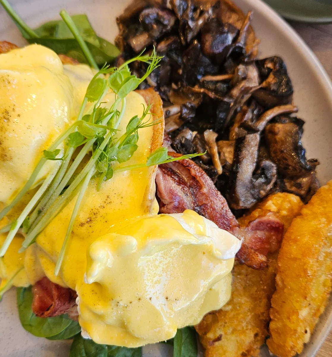 Bacon Egg Benedict Mushrooms Hash Browns