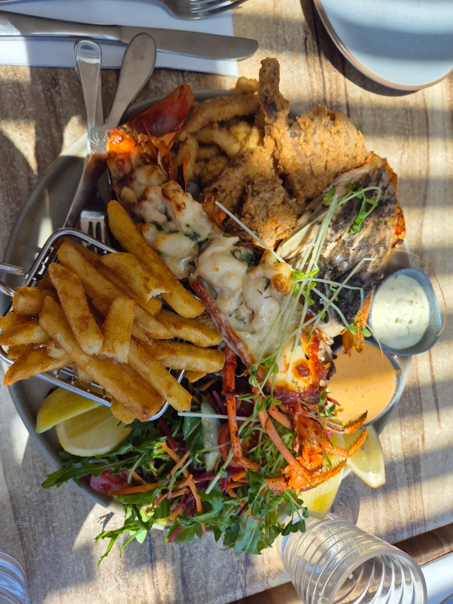 Battered Barramundi N Chips with Slaw Style Salad Chips Lemon and Tartare Sauce