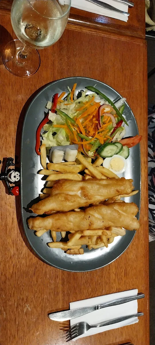 Battered Fish with Chips and Salad