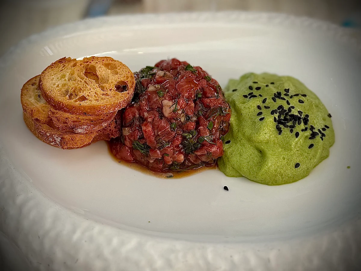 Wagyu Beef Tartare Black Sesame Avocado Foam Crisps