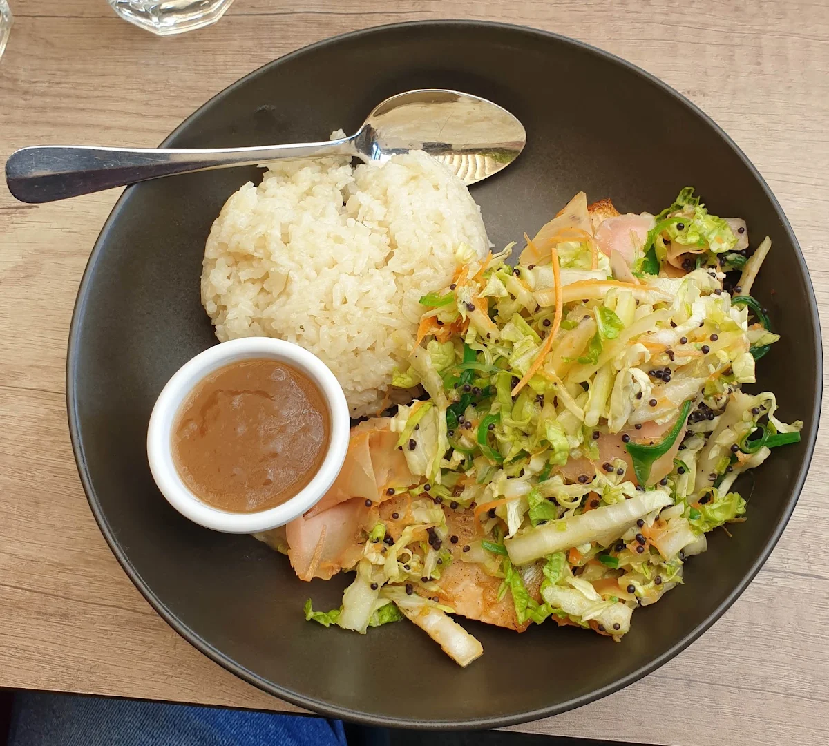Sesame Grilled Atlantic Salmon Coconut Rice Caviar Wasami Salad Ginger & Oyster Sauce