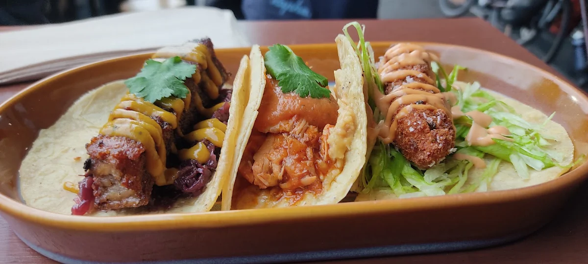 Pork Chicken Fish Tacos Left to Right