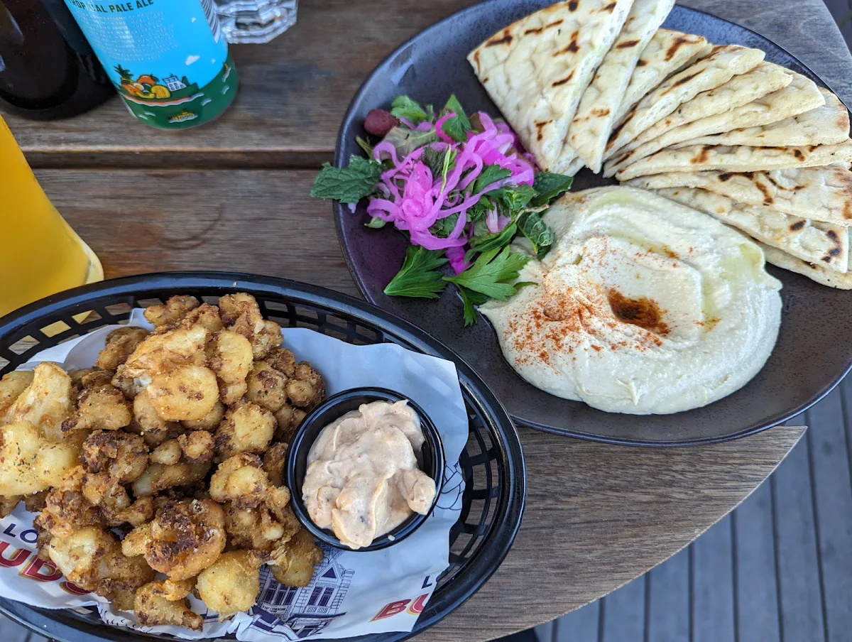 Fried Cauliflower Left and Pita Bread & Hummus Right