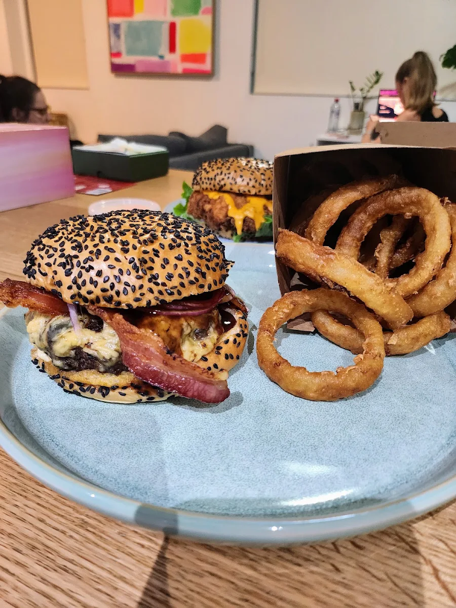 Old Smokey Burger and Beer Battered Onion Rings
