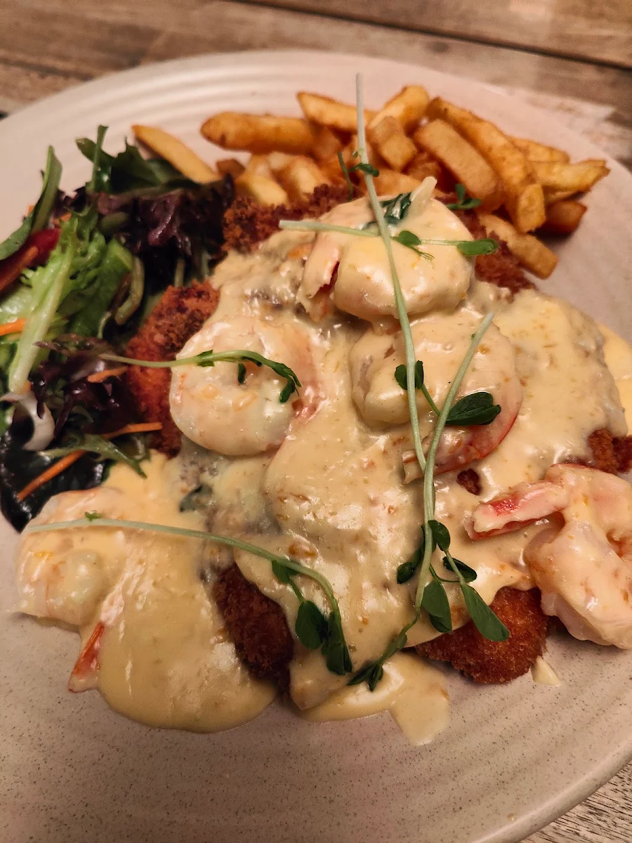 Chicken Schnitzel with Garlic Prawns