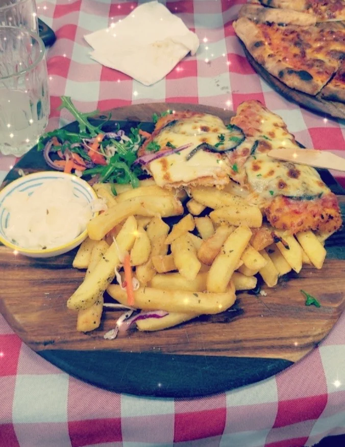 Chicken Parmigiana with Chips and Salad