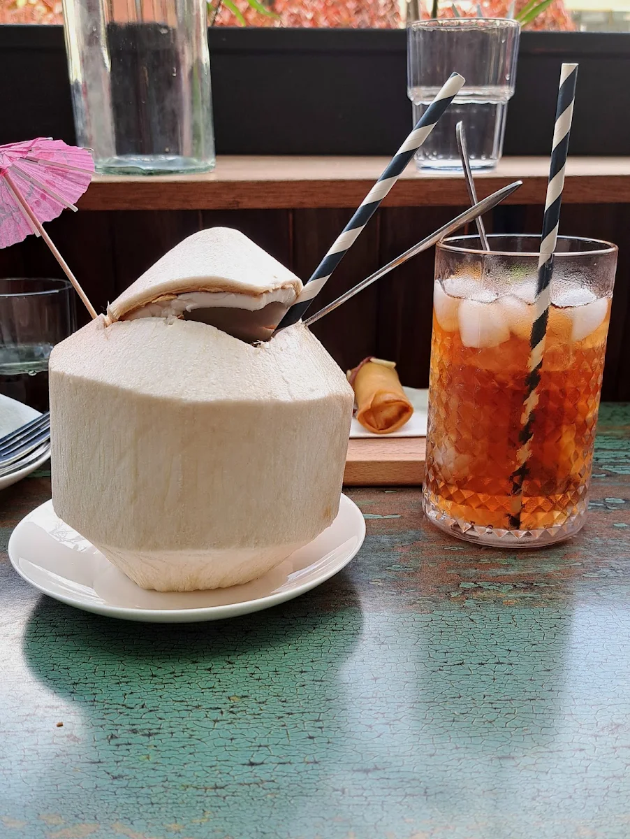 Cold Coconut Water and a Glass of Iced Peach Tea