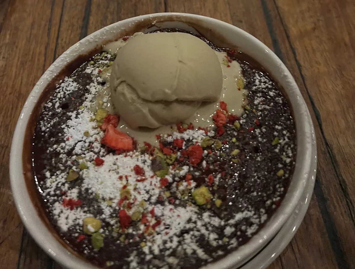 Hot Chocolate Cake Fondue with Pistachios Ice Cream