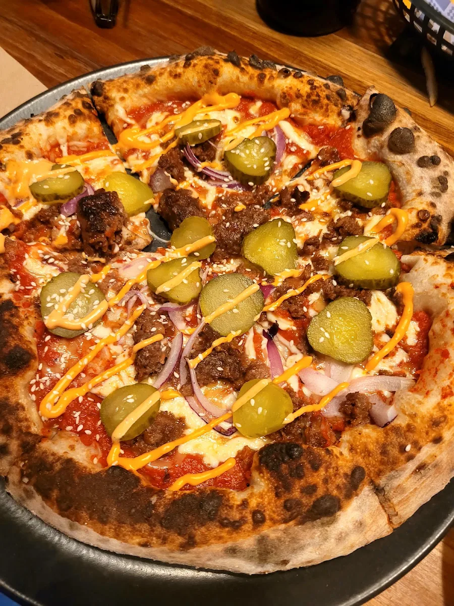 Cheeseburger Pizza, Red Sparrow Pizza & Rooftop Bar
