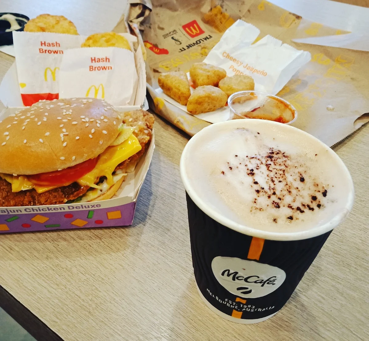 Caramel Cappuccino Cajun Chicken Deluxe Burger Hash Browns Jalapeno Poppers with Dipping Sauce
