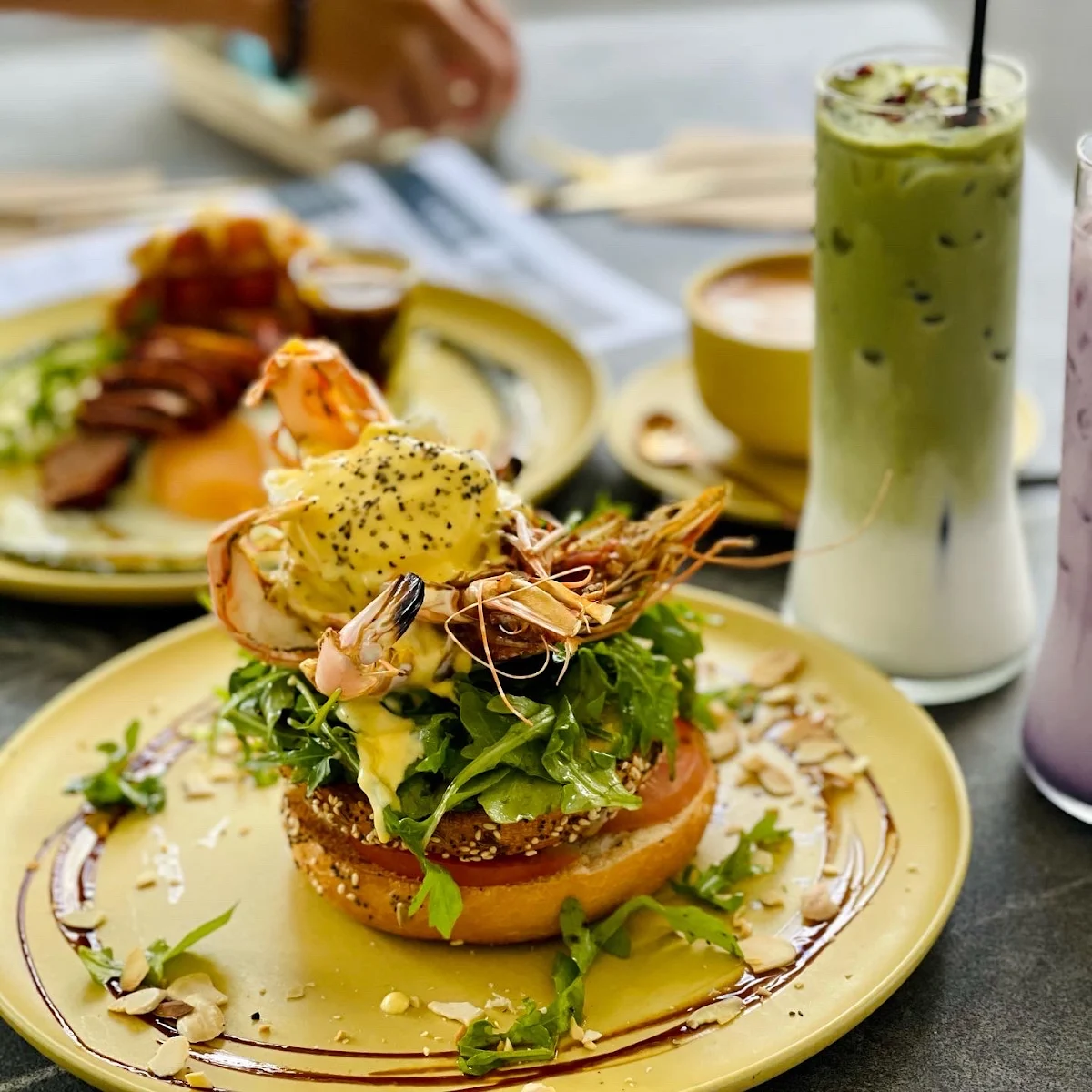Tiger Prawns Bagel and Matcha Green Tea Latte