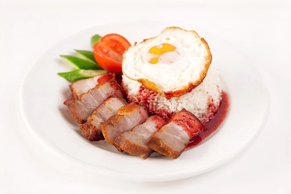 Crispy Pork Belly on Rice Topped with Homemade Sauce