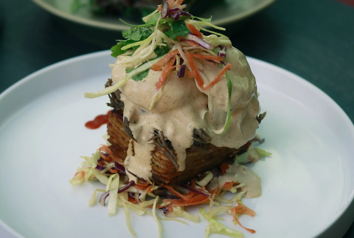 Pulled Beef Benni on Potato Grattan, MJ Mojo Jojo | Modern Cafe Docklands