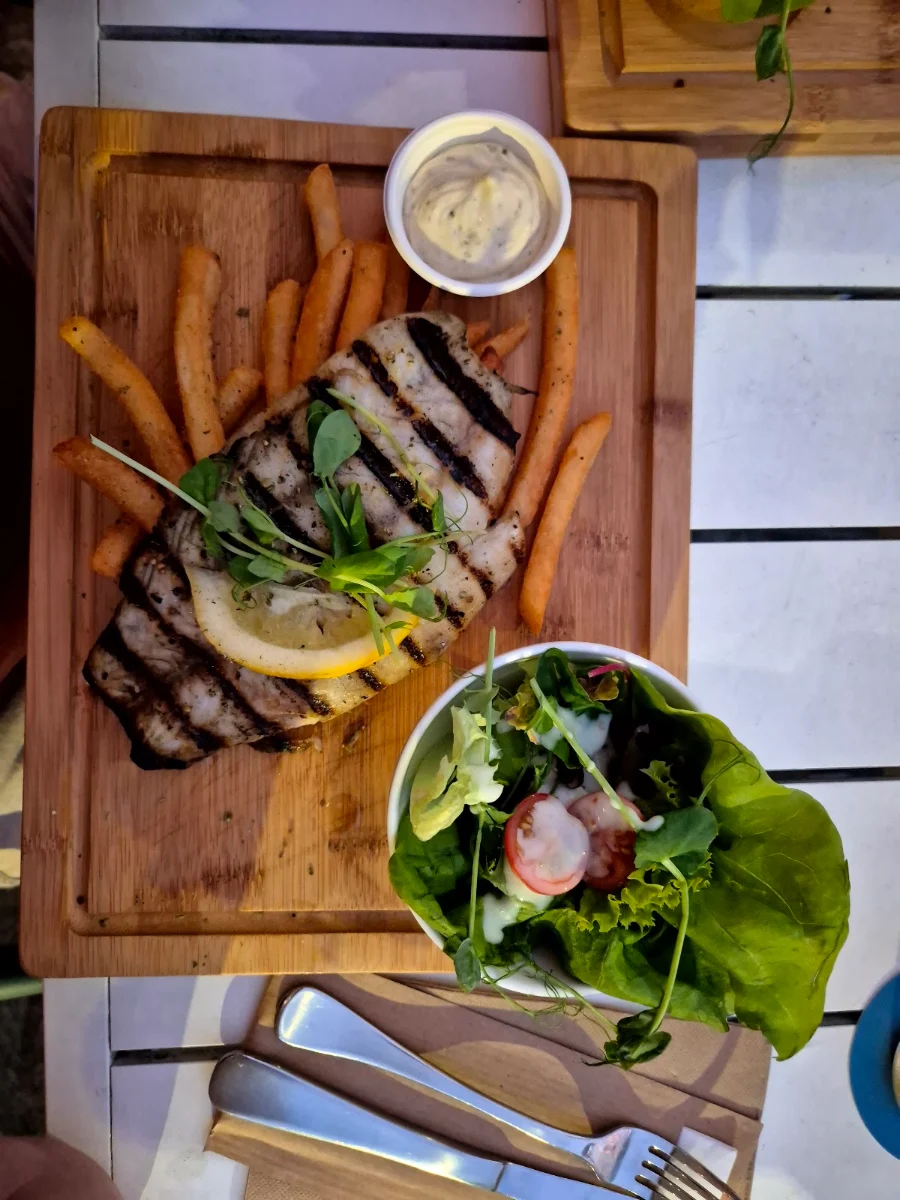 Grilled Barramundi and Chips, Boardwalk Social by Crystalbrook