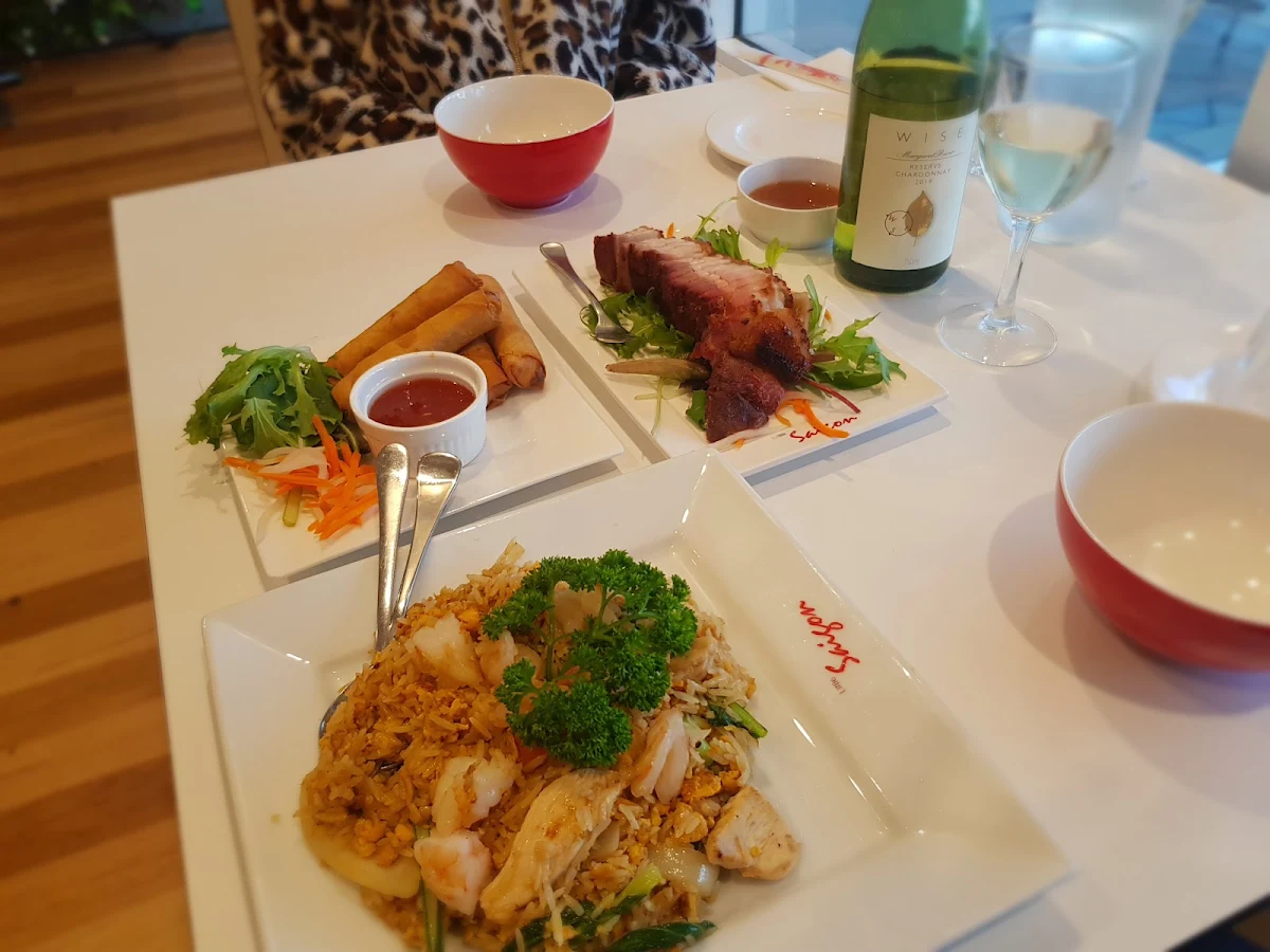 Thai Fried Rice Crispy Pork Belly and Spring Rolls