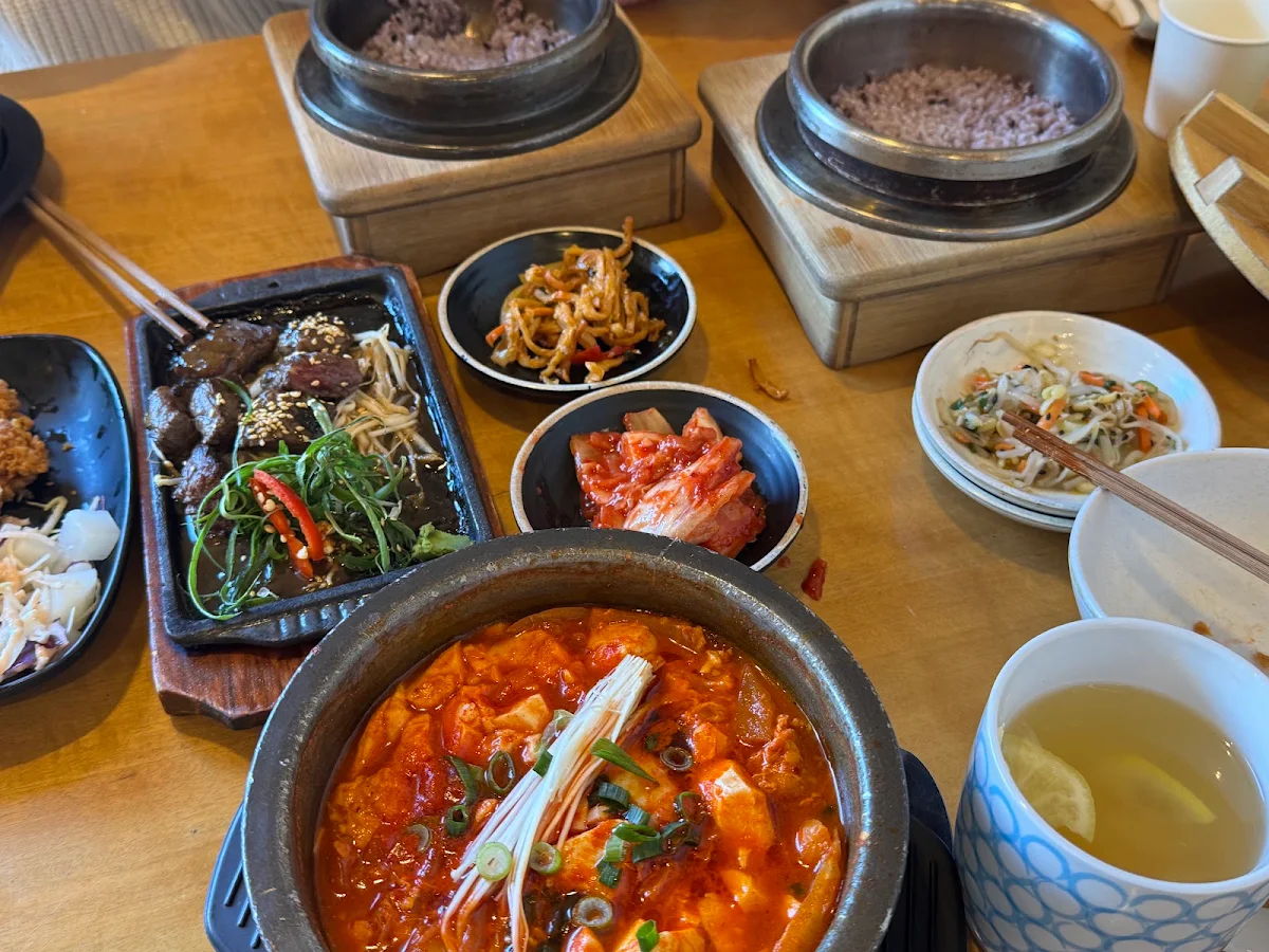 Kimchi Tofu Soup with Rice and Side Dishes
