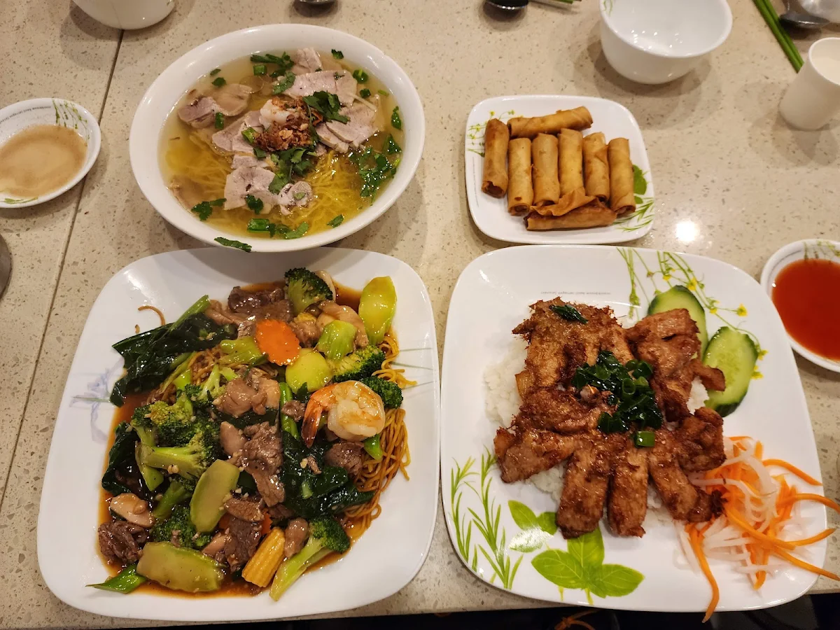 Egg Noodles Spring Rolls Combination Crispy Noodles Pork Chop Rice