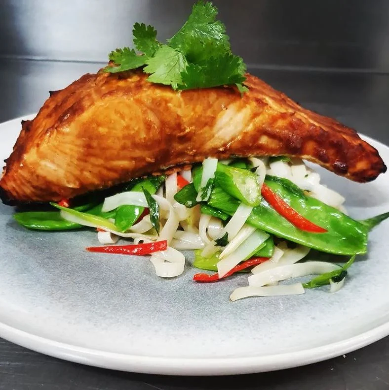 Grilled Miso Fresh Atlantic Salmon Asian Inspired Rice Noodles with Snow Peas