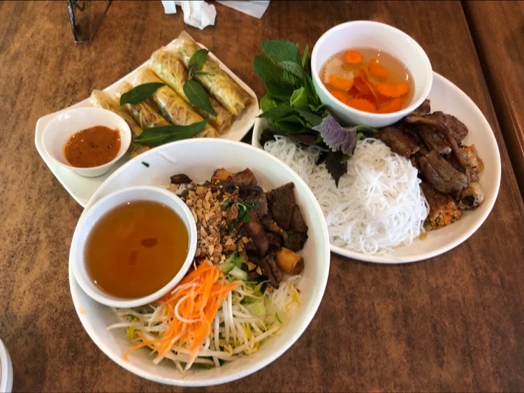 Bun Cha Nem Grilled Pork Patties Grilled Pork Hanoi Springrolls with Vermicelli Noodles