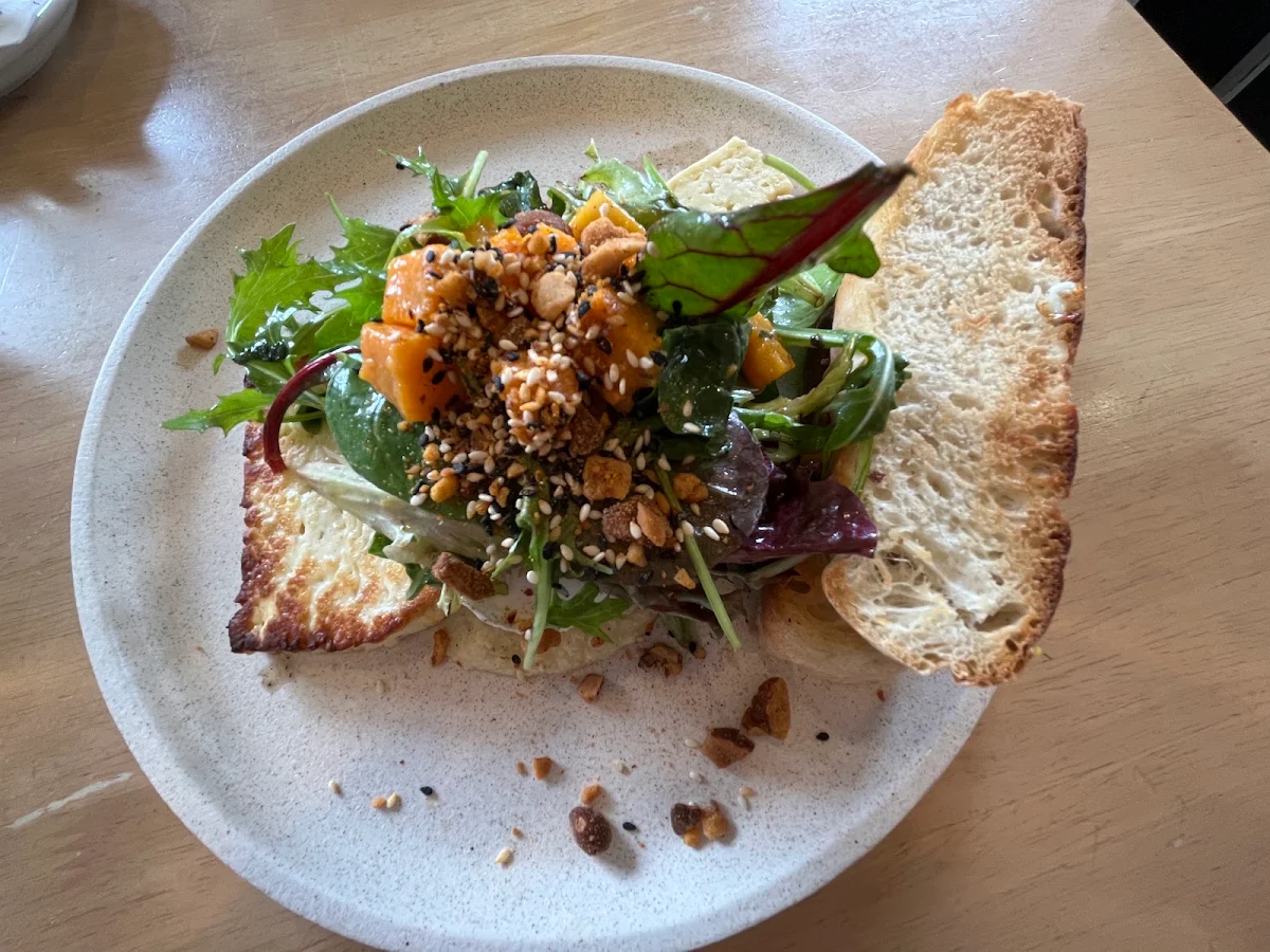 Halloumi Poached Eggs Roasted Pumpkin Hommus Dressed Salad Withtoasted Bread