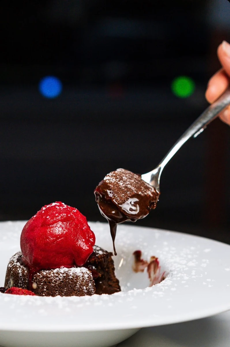 Flourless Belgian Chocolate Torta w Cream & Fruit Compote