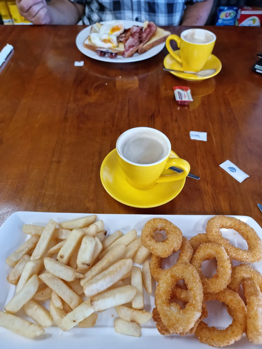 Calamari Rings and Chips with Small Coffee