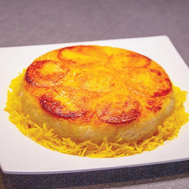 Polo Tahdigi Oven Cooked Crispy Saffron Rice with Potato Slices