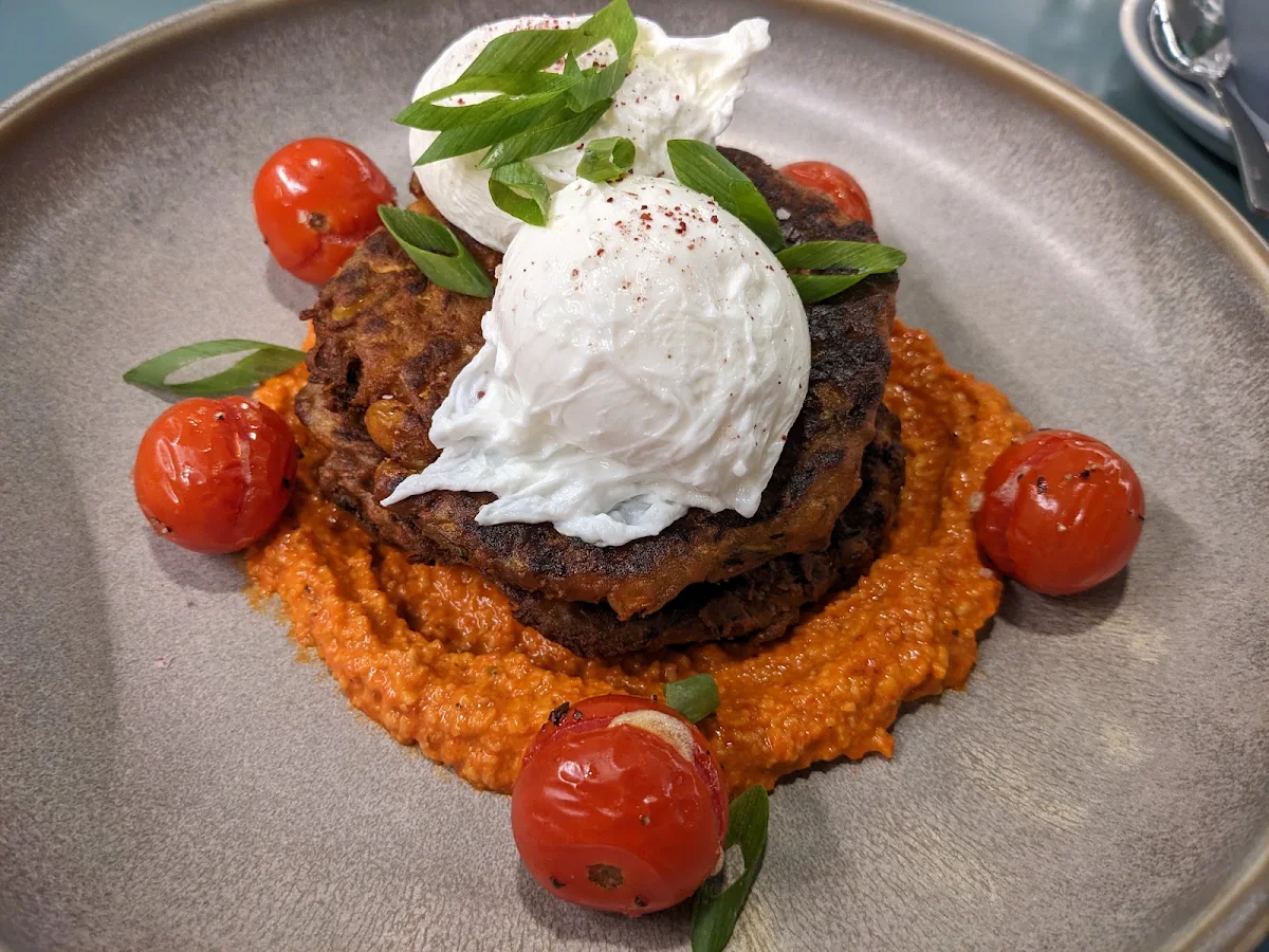 Corn Fritters Roasted Tomato Poached Egg