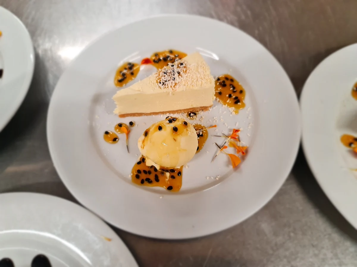 Whithe Chocolate Cheesecake with White Chocolate and Passionfruit Icecream