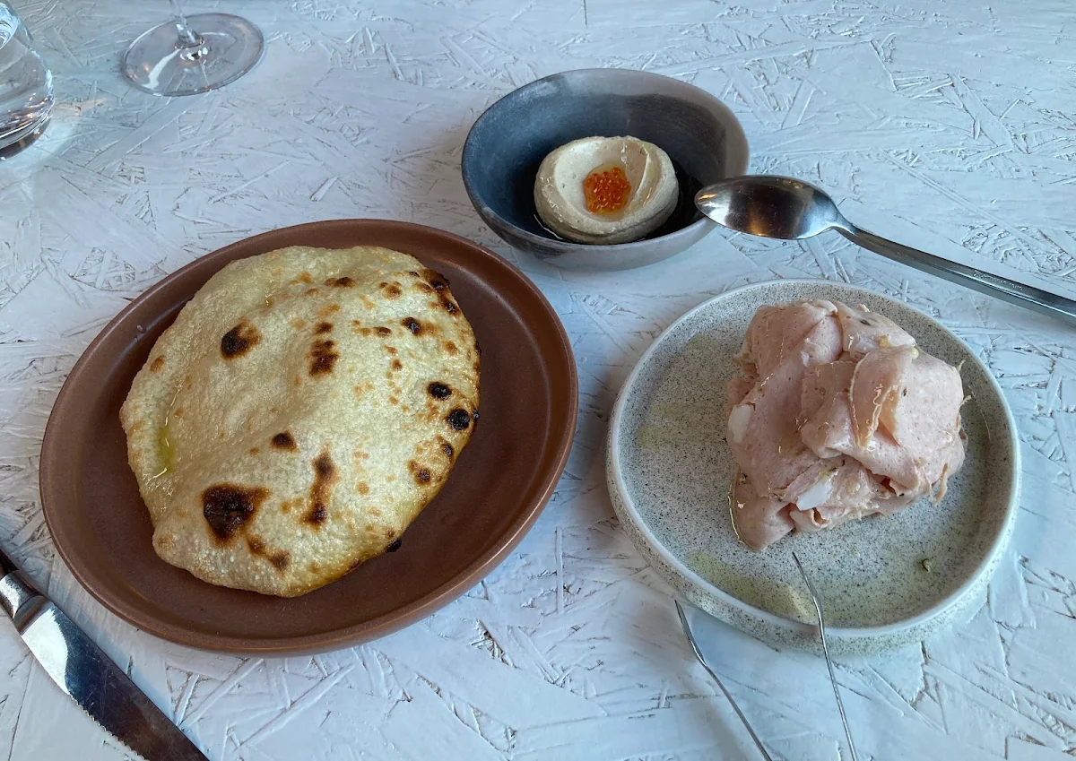 Wood Fired Bread Taramasalata with Shiraz Gin Caviar LP’S Smoked Mortadella