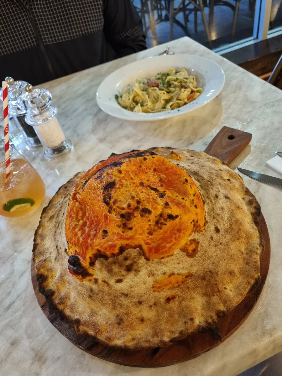 Prawn Spaghetti Baked in Pizza Dough in Pizza Oven