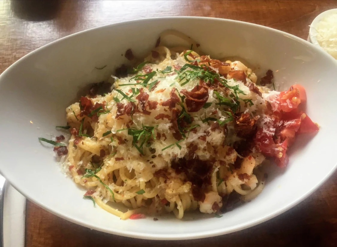 Sicilian Spaghetti 32 w Prawns Garlic Chilli Crispy Parma Ham and Fresh Parmesan