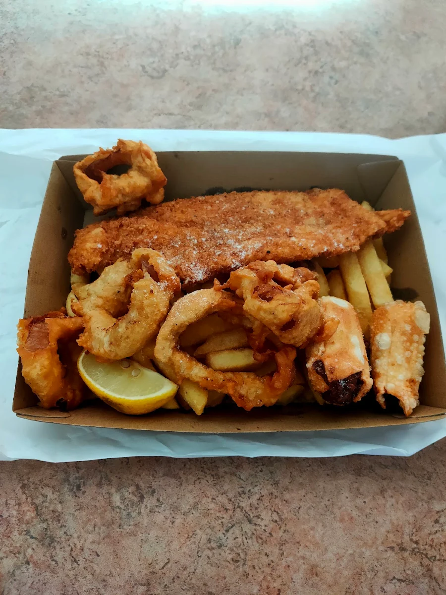 Crumbed Cod Chips Onion Rings and Dim Sims