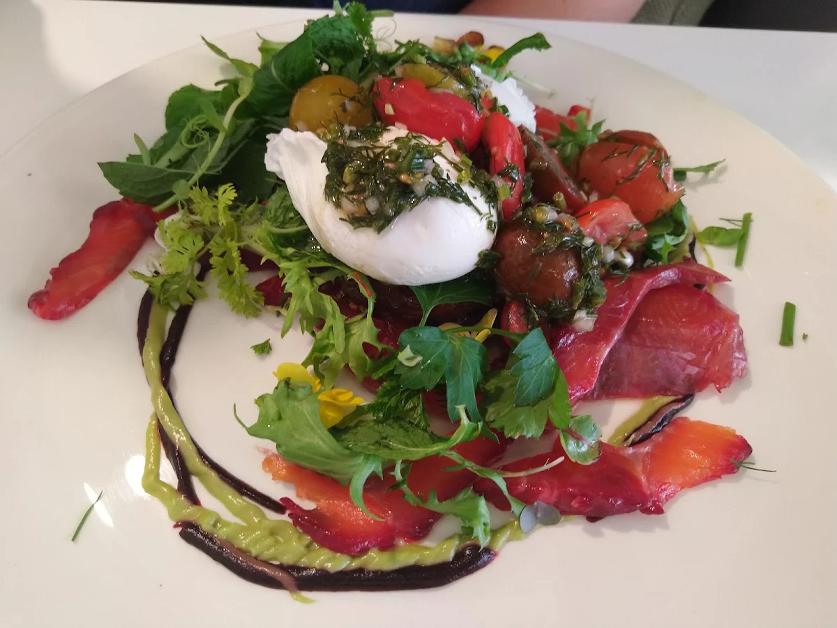 Beetroot-Cured Trout LP Avocado Poached Eggs Rösti Tomato Salsa Beetroot Herbs GF 19