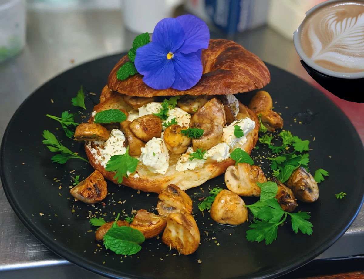 Grilled Mushrooms Herbs and Cream Cheese on Toasted Croissant