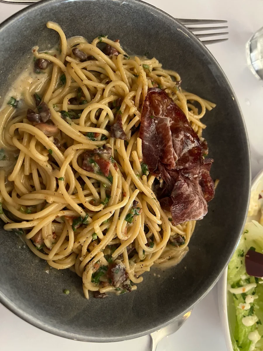 Spaghetti with Pork Jowl Chilli Oil Reggiano & Organic Egg