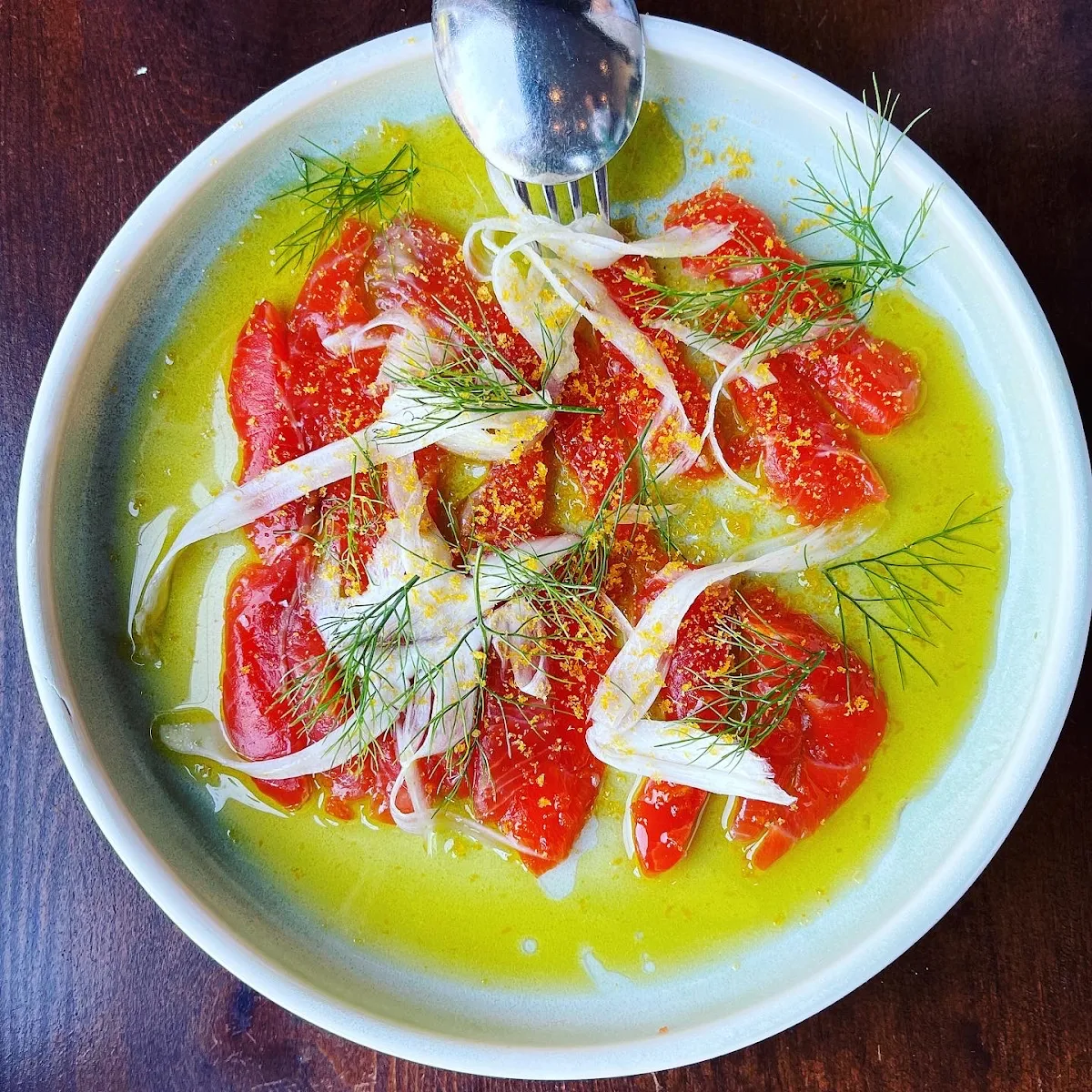 Ocean Trout Crudo Pink Peppercorn Finger Lime Alto Olive Oil