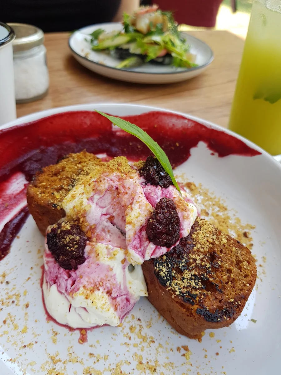 French Toast with Wattle Seed Orange Syrup Creme Fraiche and Seasonal Fruits