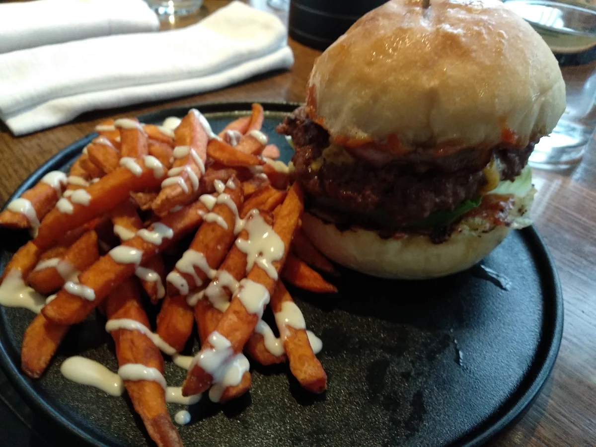 Burger and Sweet Potato Chips