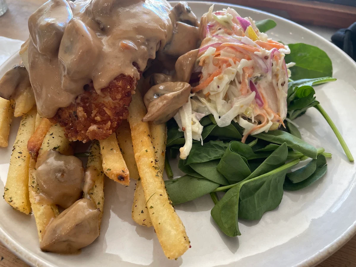 Chicken Parmigiana with Chips and Mushroom Sauce