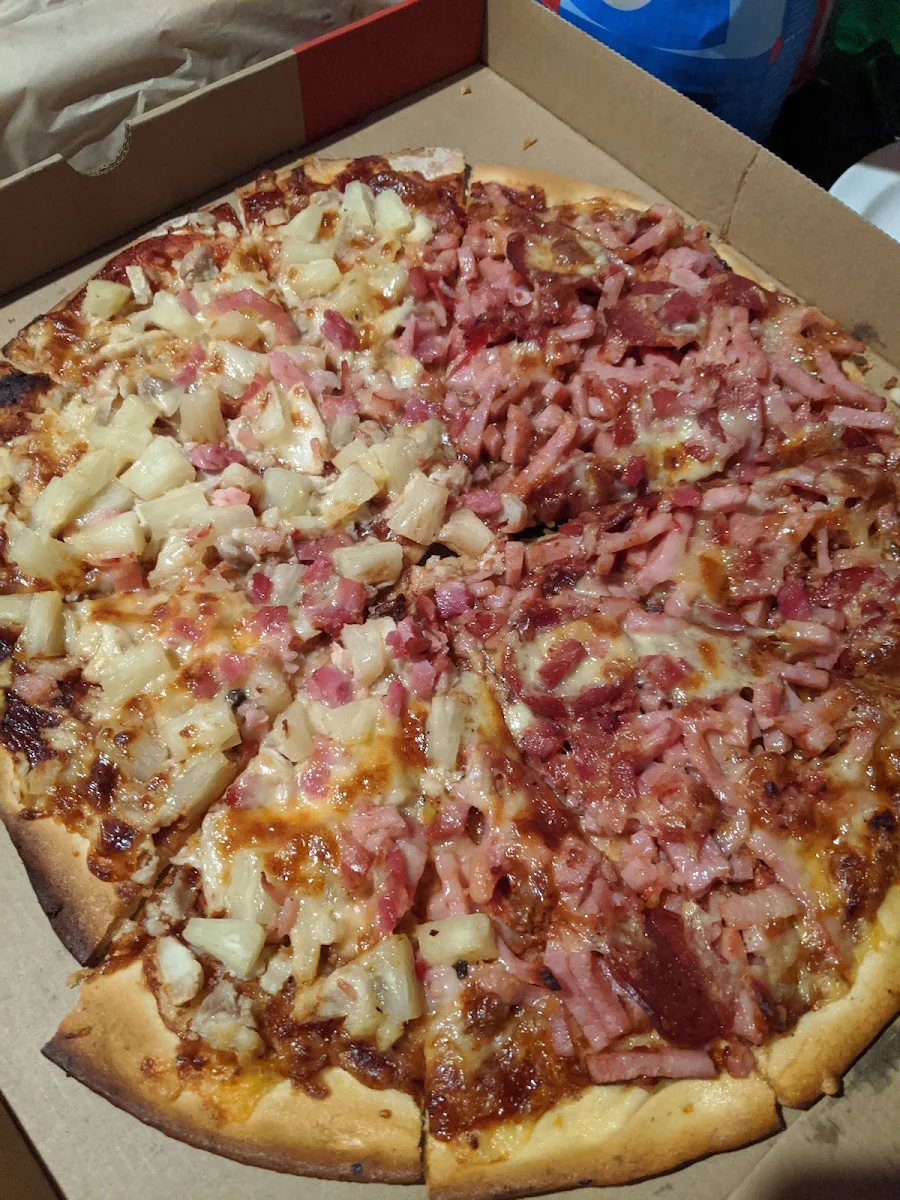 Family Size Pizza Half Pineapple Express Half Meat Lovers