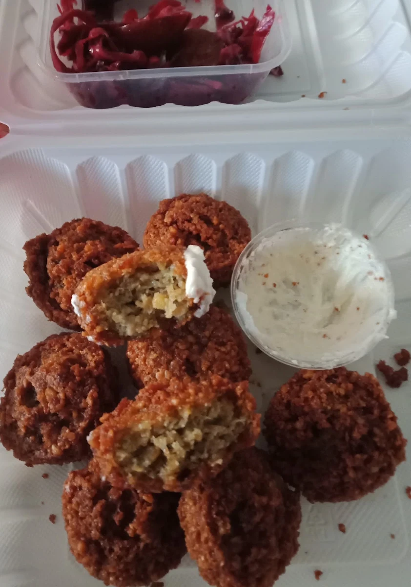 Falafel Balls with Garlic Dip & Pickled Red Cabbage Slaw
