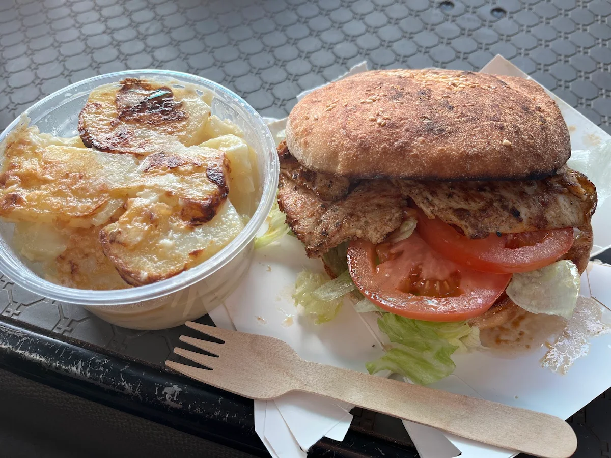 Grilled Chicken Breast Burger and Scallop Potatoes